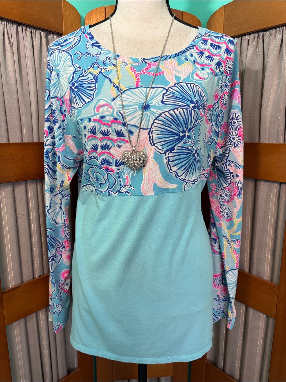 Lilly Pulitzer Aqua Floral Yoke Long-Sleeve Tunic